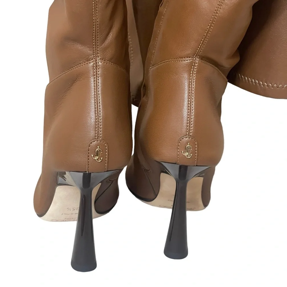 JIMMY CHOO Bryson 100 Tan Stretch Bonded Fabric Over-The-Knee‎ Boots Tan SZ 35.5